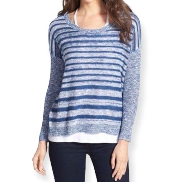 Eileen Fisher Organic Linen Blend Striped Blue Contrast Pullover Sweater - Picture 1 of 8